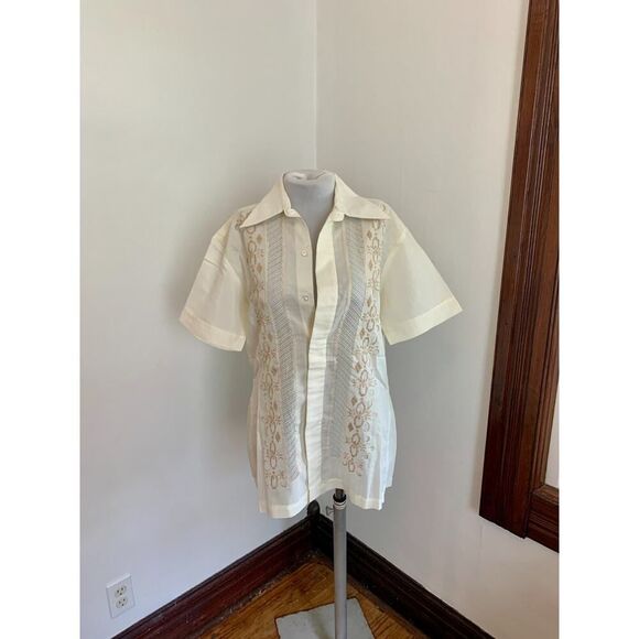 VTG Barong Tagalog Shirt Men’s SMALL Filipino Embroidered Ivory Button Shirt - Picture 2 of 12